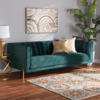 Baxton Studio 5016D-Green Velvet-Sofa Maia Contemporary Glam and Luxe Green Velvet Fabric Upholstered and Gold Finished Metal Sofa 